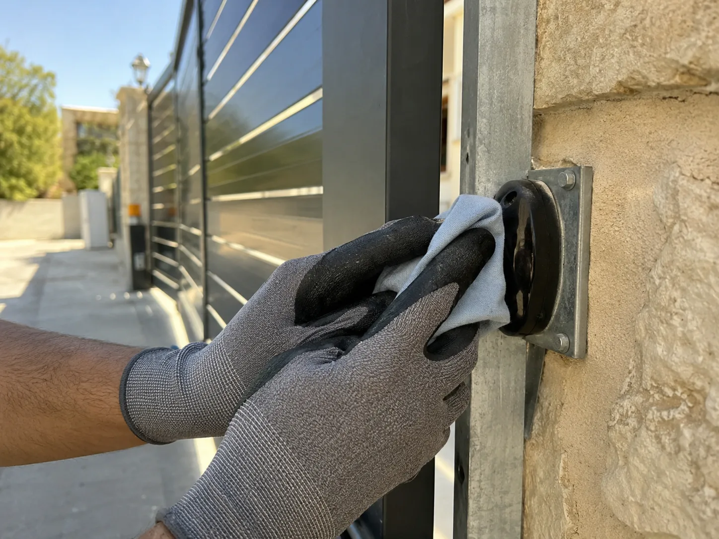 ידיים בכפפות מנקות עינית אלקטרונית של שער חשמלי