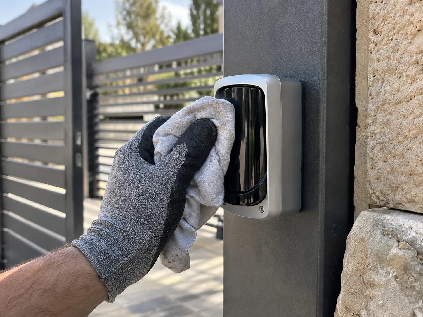 ניקוי עדשת עינית בטיחות בעמוד שער חשמלי